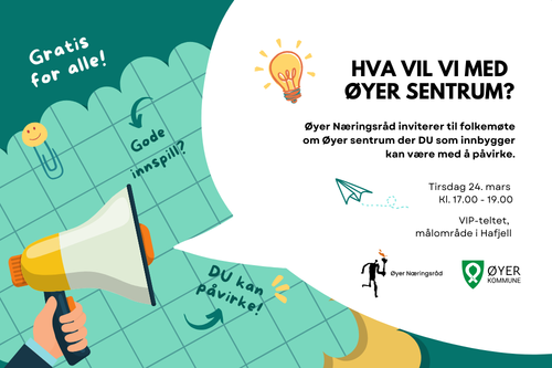 Plakat - Hva vil vi med Øyer sentrum? Folkemøte 24. mars.