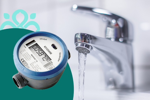 Vannmåler og vannkran - en sammensatt plakat.