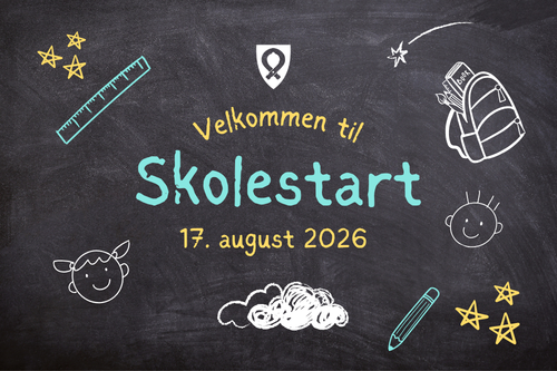 Tavle med skriblerier og tekst "Velkommen til skolestart, 19. august 2024". på skolestart 19. august