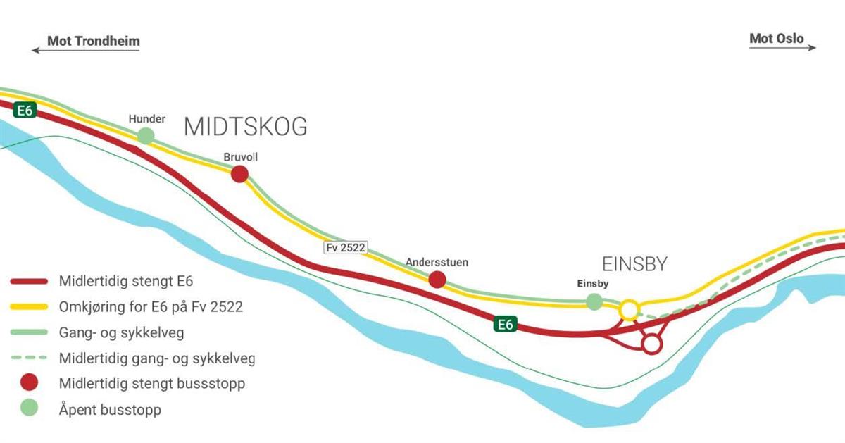 Illustrasjonen viser hvilke busstopp som er åpne, og hvilke som stenges for å ivareta trafikksikkerheten i omkjøringsperioden. - Klikk for stort bilde
